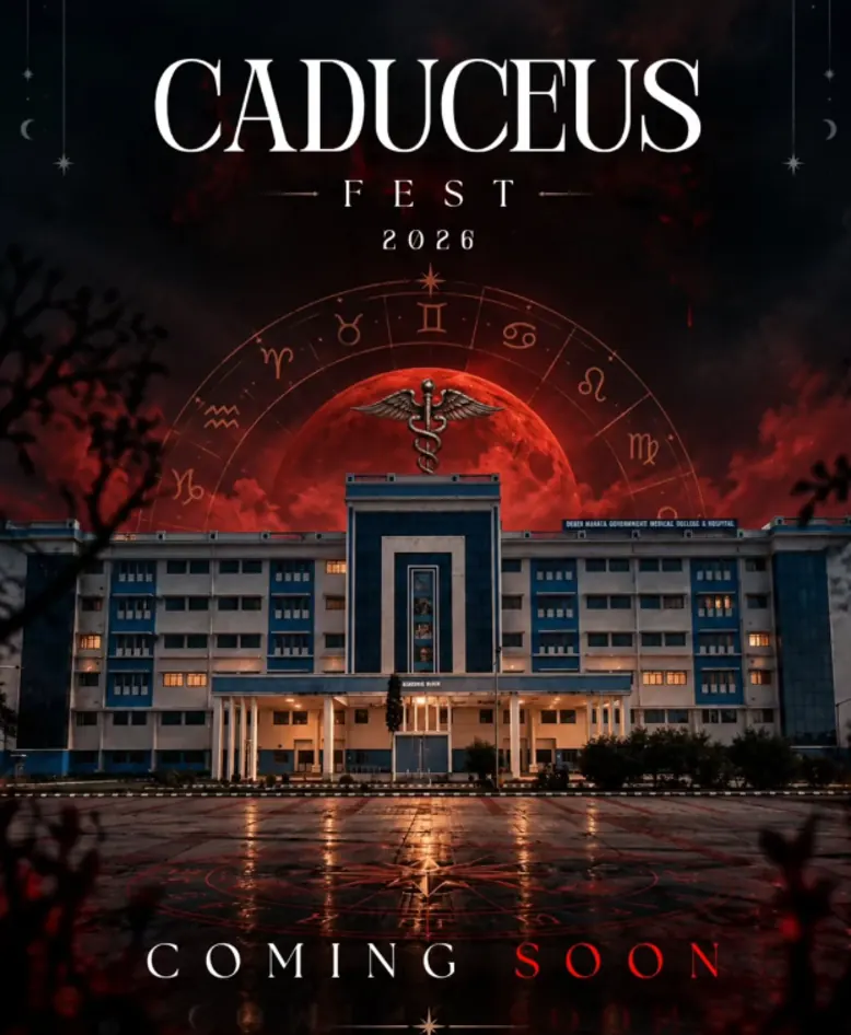 CADUCEUS Fest 2026 poster featuring the college building beneath a red moon