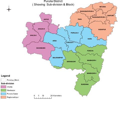 Purulia District map showing sub-divisions and blocks